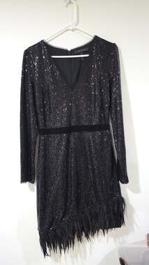 BCBGMAXAZRIA Black Long Sleeve Sequin Mini Dress with Asymmetric Feather Trim